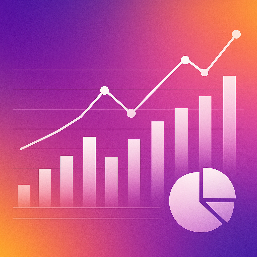 Abstract gradient with bar chart, line graph and pie chart representing market research and analysis