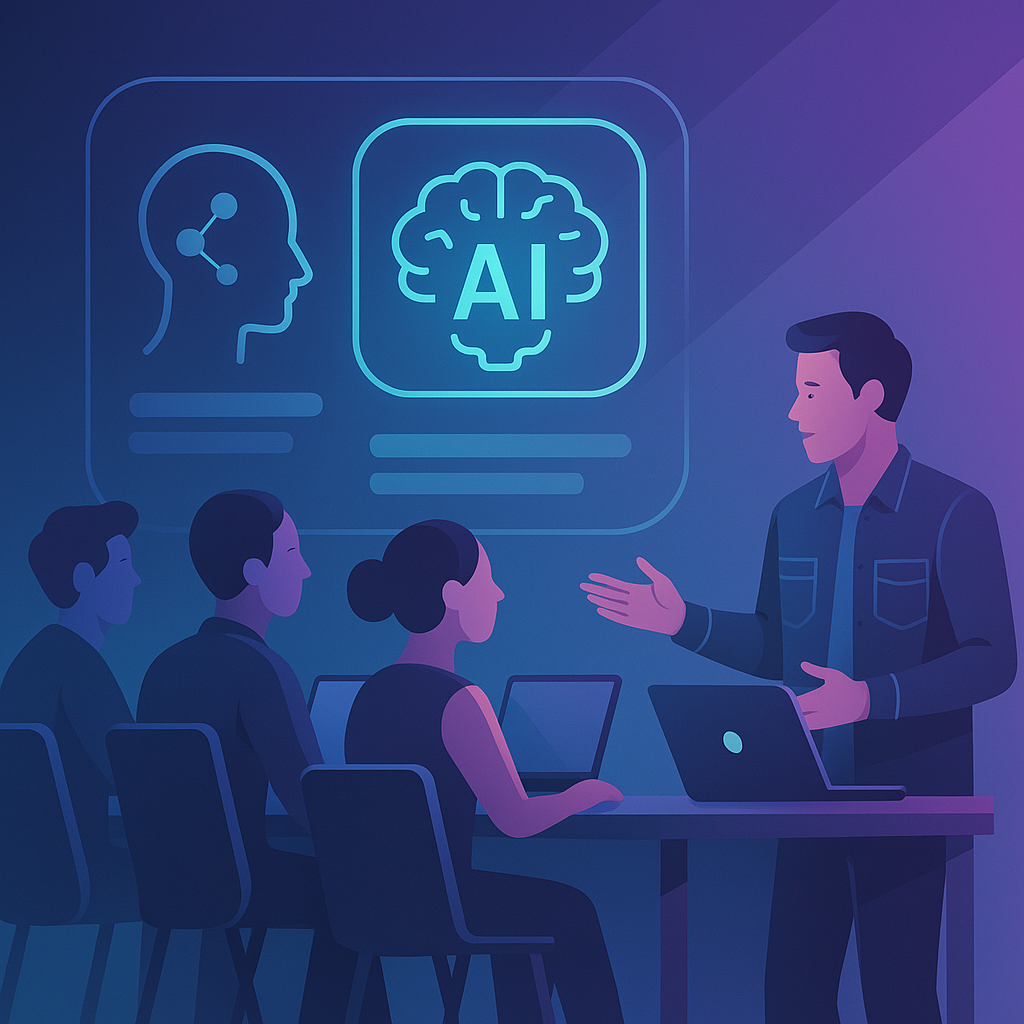 Illustration of instructor teaching AI concepts to professionals in a corporate AI workshop.
