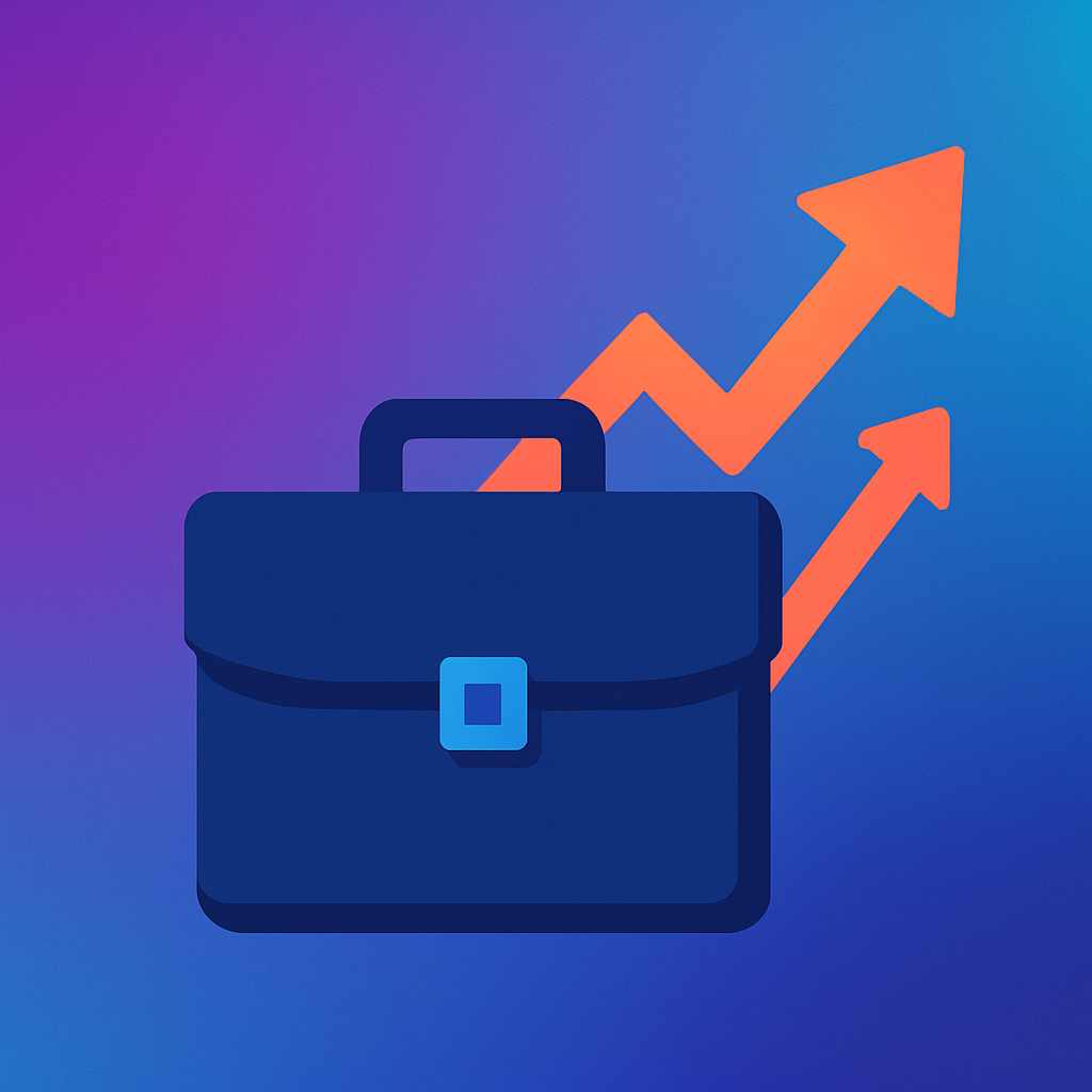 Abstract gradient with briefcase and growth arrows representing business development and strategy consulting