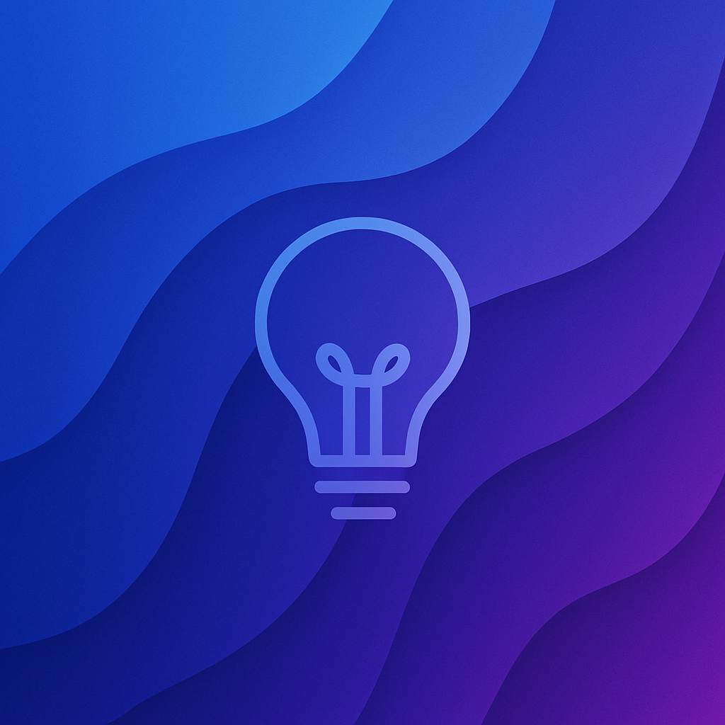 Abstract blue and purple gradient waves with lightbulb icon representing 3 en 1 masterclass bundle on AI skills and creativity.