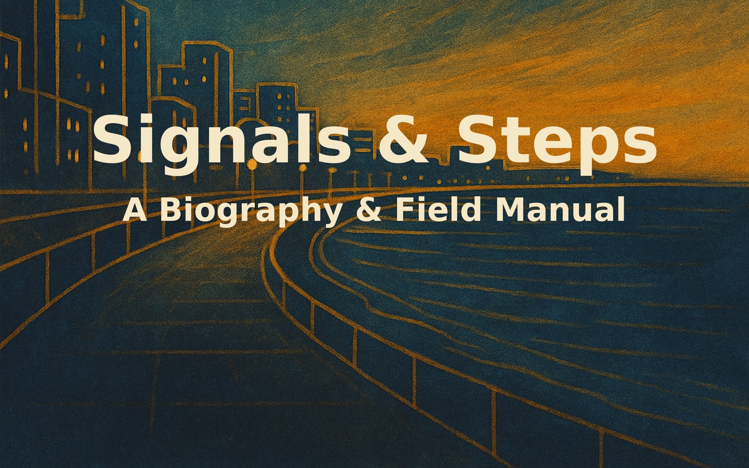 Abstract illustration of a city skyline at dusk with a bridge and river blending orange and teal colors to symbolize the Signals & Steps e‑book for creative leadership and connection.