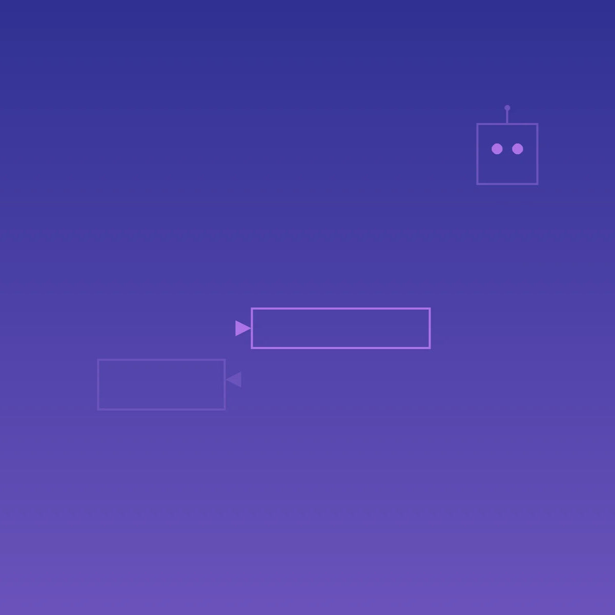 Abstract purple and blue gradient background with chat bubbles and bot icon representing customer-support chatbot mini-class.