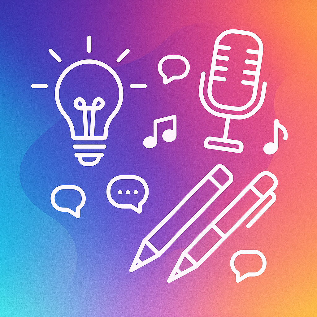Abstract gradient with light bulb, microphone, pens and thought bubbles representing content creation and thought leadership